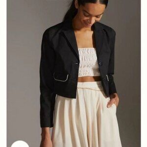 New Anthro Maeve Cotton Cropped Contrast Trim Blazer Black 12, L $148